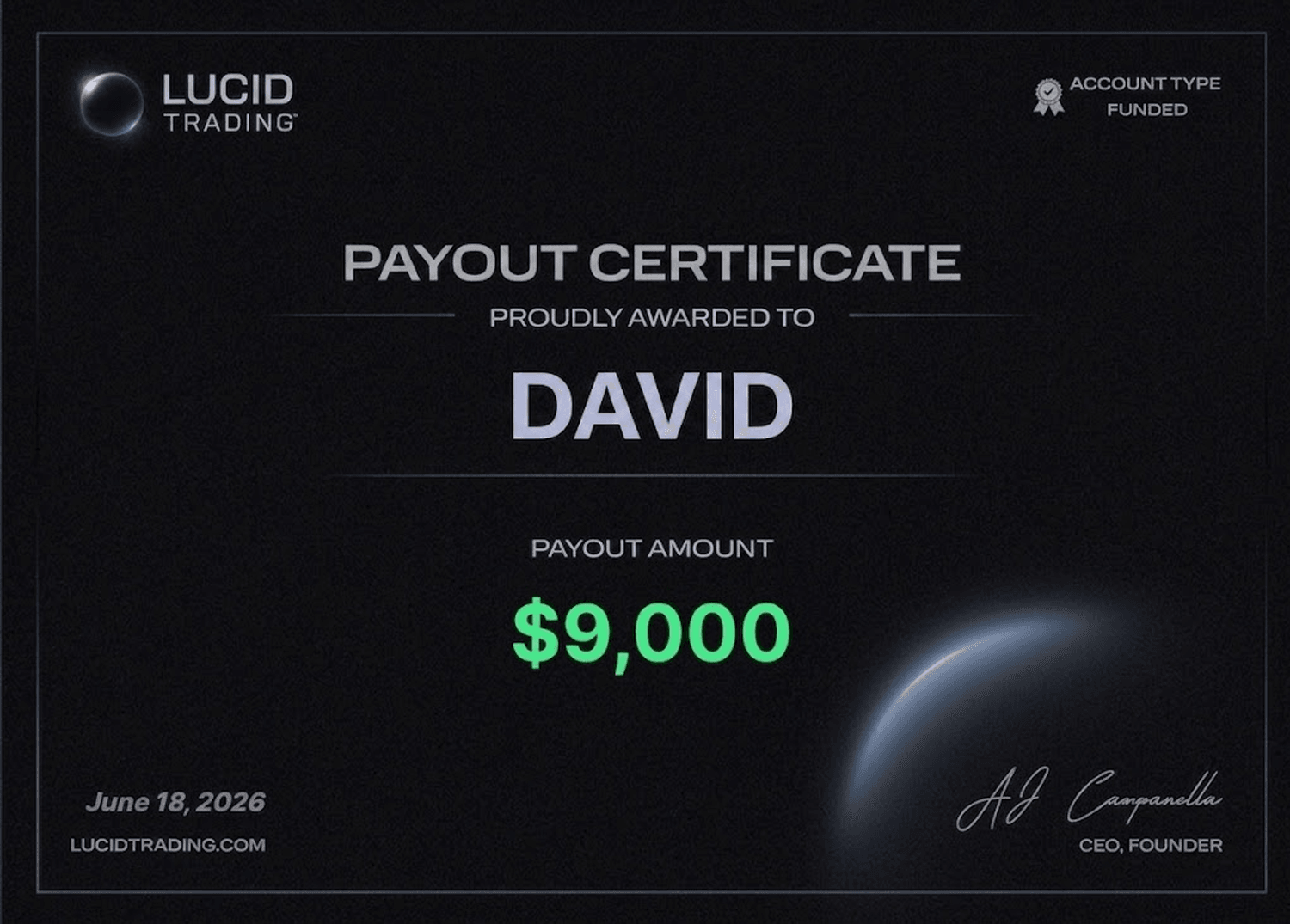 Lucid Trading payout certificate — $9,000, 18 June 2026, funded account