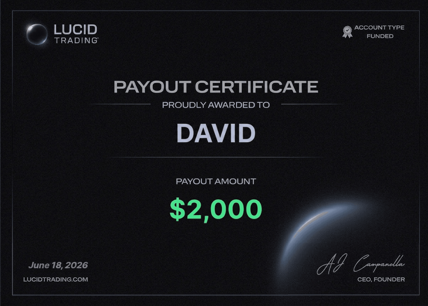 Lucid Trading payout certificate — $2,000, 18 June 2026, funded account