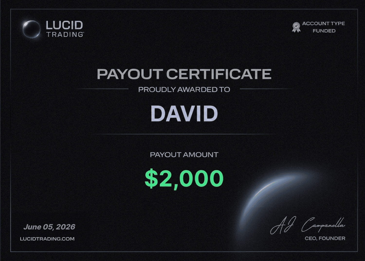Lucid Trading payout certificate — $2,000, 5 June 2026, funded account