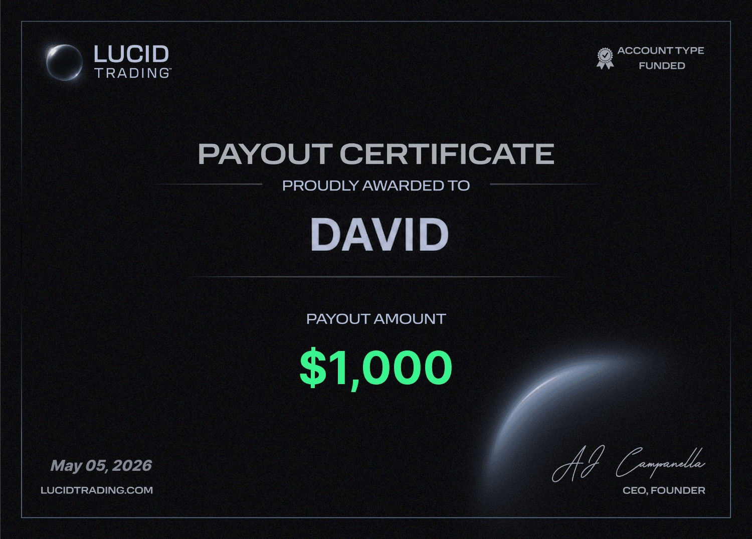 Lucid Trading payout certificate — $1,000, 5 May 2026, funded account
