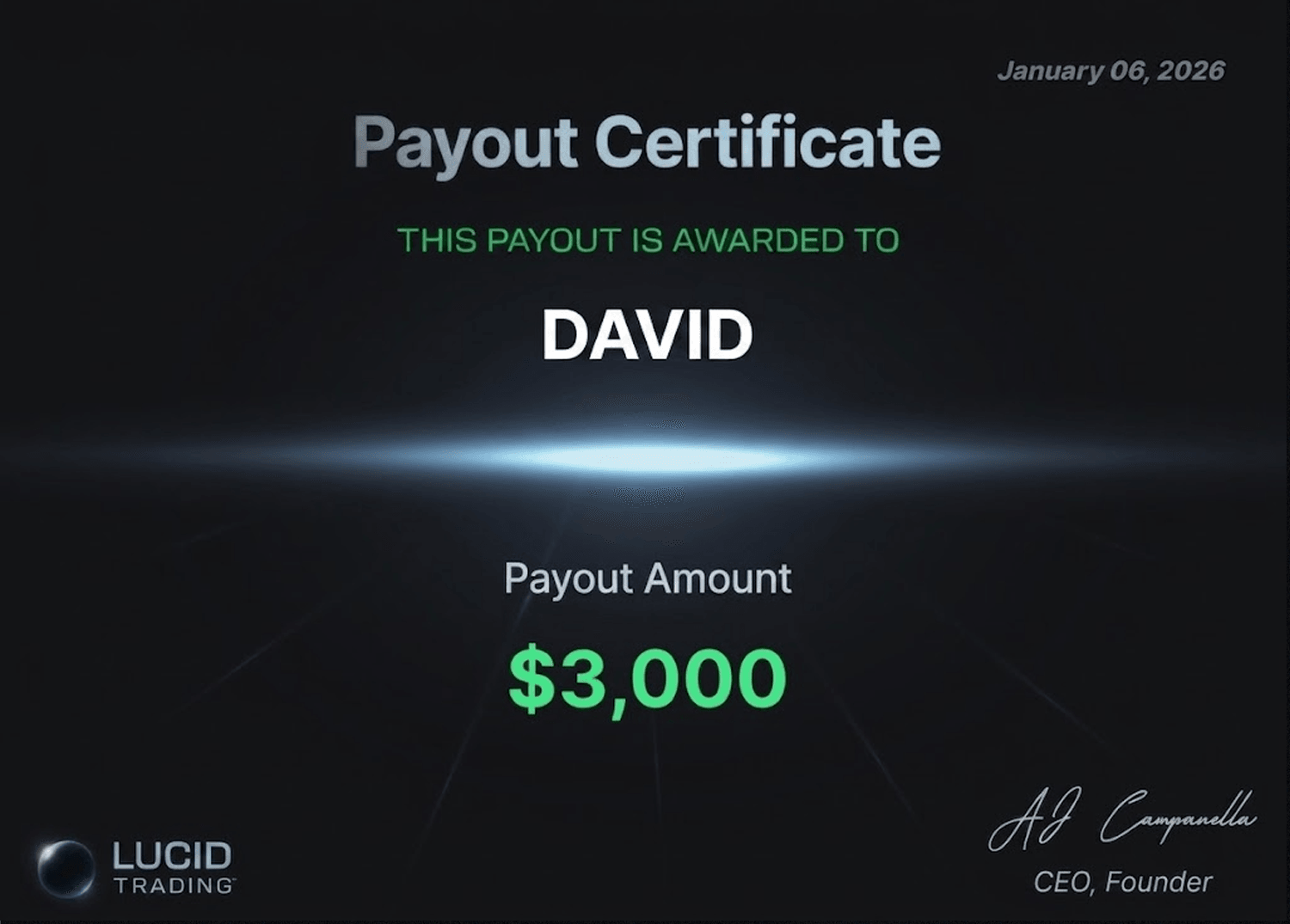 Lucid Trading payout certificate — $3,000, 6 January 2026, funded account